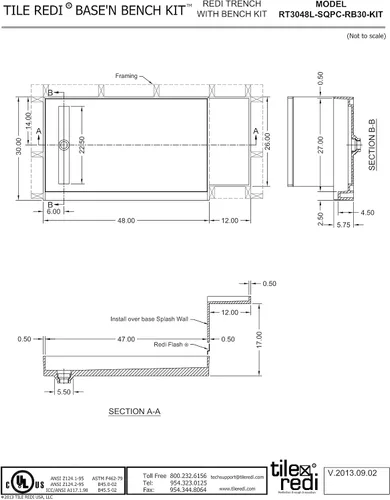Vista 8 de Tile Redi RT3048L-SQPC-RB30-KIT - Sartén y banco de ducha con drenaje izquierdo, base de ducha de un solo bordillo, banco, drenaje de PVC de 2 Cromo