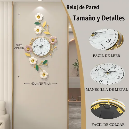 Vista 4 de FLEBLE Reloj de pared grande para decoración de sala de estar, moderno reloj de pared decorativo de flores de metal 3D, silencioso, sin tictac