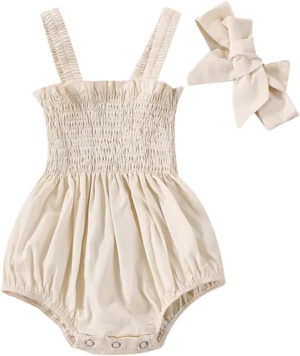 Vista 19 de Body sin mangas para bebé recién nacida con cuello halter y volantes, mameluco enterizo con diadema, conjunto de ropa de verano Albaricoque