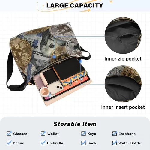 Vista 4 de Bolso de hombro unisex Bolso cruzado Cien dólares-bitcoin-coins-money Mujeres Casual Hobo Bag Ligero PU Cuero Tote, Negro