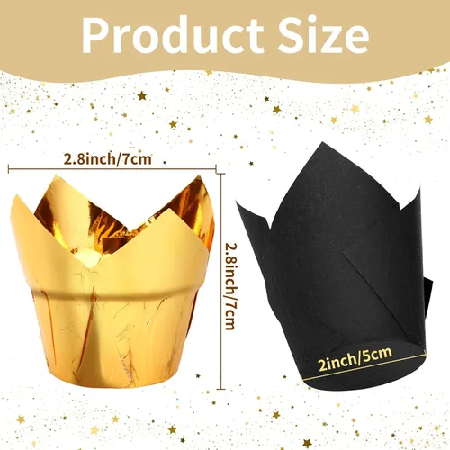 Vista 2 de Augshy - Revestimientos para magdalenas, 60 envoltorios de tulipanes negros y dorados para hornear Greaseproof Paper Muffin Wrappers Holders, Cake