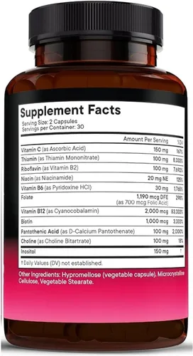 Vista 2 de Complejo de vitamina B para hombres y mujeres - Hecho en Estados Unidos - Complejo B: B1, B2, B3, B5, B6, B7, B8, B9, B12 con vitamina C, colina