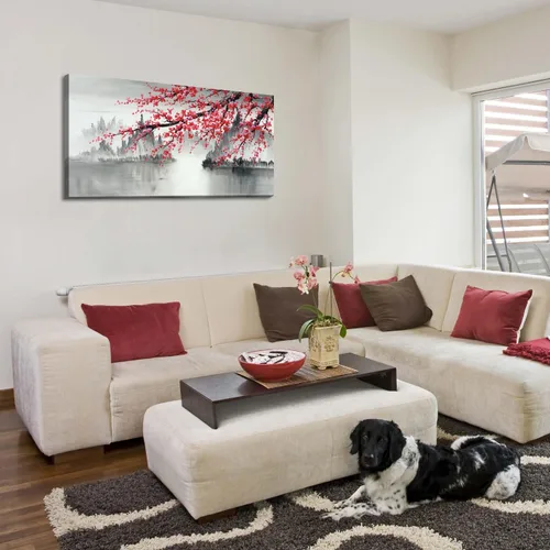 Vista 5 de Pintura tradicional china pintada a mano en lienzo de flor de ciruelo, arte de pared, pintura al óleo moderna de paisaje en blanco y negro para sala