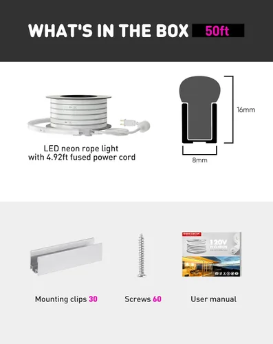 Vista 7 de luces LED de cuerda AC 120V, tira de neón eco de 120 LED/m sin puntos, conectable y cortable, impermeable ETL IP65 y resistente al clima