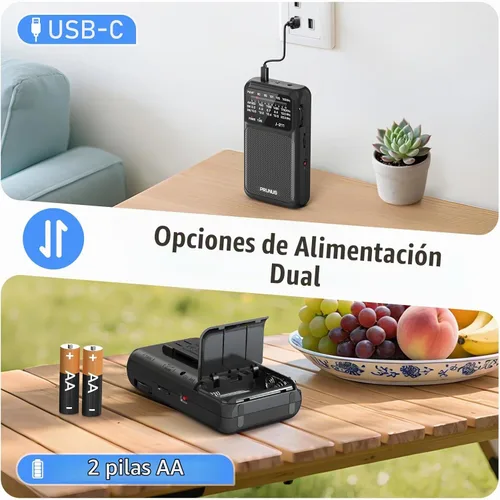 Vista 2 de PRUNUS J211 Radio portátil AM FM, carga USB C y funciona con pilas AA Negro
