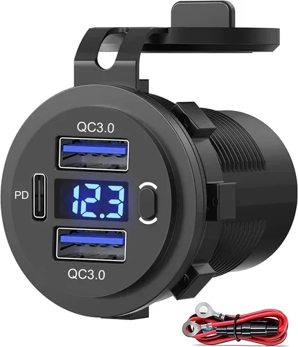 Vista 8 de Toma de corriente USB de 12 V, enchufe de cargador de coche USB C dual y puerto de carga rápida 3.0 con voltímetro e interruptor de alimentación