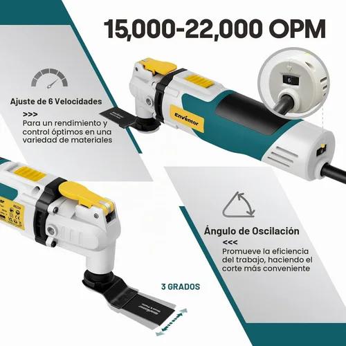 Vista 4 de Enventor Sierra multiherramienta, sierra oscilante eléctrica con 43 accesorios, mango auxiliar, máximo 22,000 OPM, 6 velocidades variables, ángulo