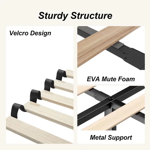 Vista 6 de Base de cama matrimonial con cabecero, plataforma tapizada de terciopelo con base de madera cerrada, estructura de metal y soporte de listones