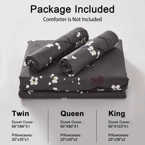 Vista 3 de WONGS BEDDING - Juego de funda de edredón floral, tamaño queen, gris oscuro, 3 piezas, ropa de cama con estampado de flores de ciruelo, con 2 fundas