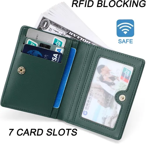 Vista 3 de Cartera pequeña para mujer, con bloqueo RFID, billetera de bolsillo bifold, delgada, compacta, monedero para damas, minicarteras para mujer, Verde