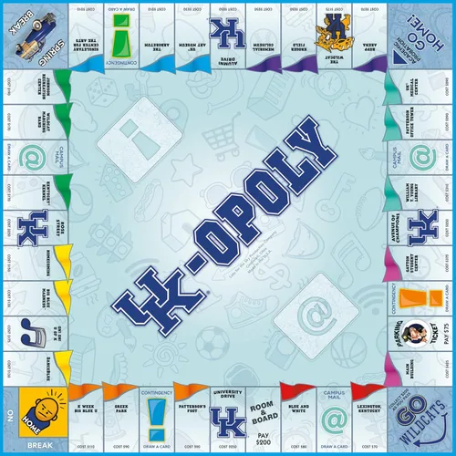 Vista 2 de Late for the Sky Juego de mesa Opoly con temática universitaria, 2-6 jugadores, estrategia de fiesta familiar, fichas y ubicaciones de campus