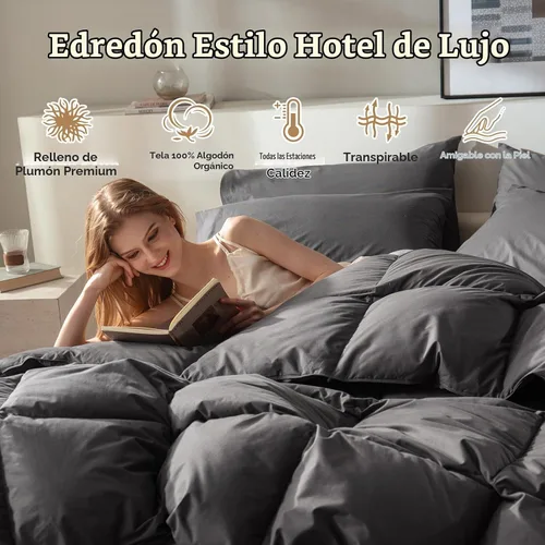 Vista 2 de Edredón de Plumas Tamaño Full, Edredón de Cama Estilo Hotel, 750+ Poder de Relleno, 1200TC, Tela de Algodón 100% Orgánico, Inserto de Edredón Gris