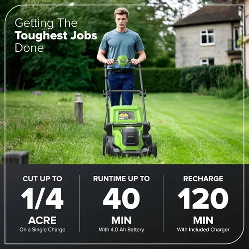 Vista 3 de Greenworks Cortacésped inalámbrico de 40 V y 17 pulgadas, motor sin escobillas, batería de 4.0 Ah y cargador (más de 75 herramientas compatibles)
