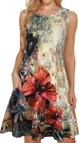 Vista 26 de elescat Vestidos de verano para mujer 2025, vestido casual de playa sin mangas con estampado floral, tipo camiseta, suelto y con bolsillos