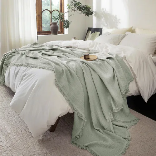 Vista 44 de FOSSA Manta de Muselina con Flecos - Gasa de Algodón 100% de 4 Capas Súper Suave y Transpirable - Manta Decorativa Ligera y Refrescante para Cama