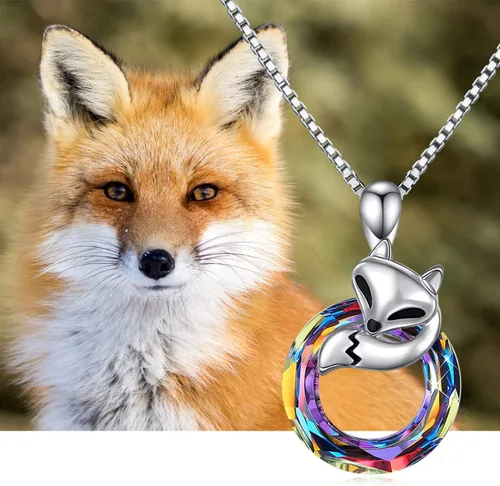 Vista 5 de JUSTKIDSTOY Collar de cristal de zorro, plata de ley 925, collar con colgante de cristal circular, joyería de zorro, regalos para mujeres, novias