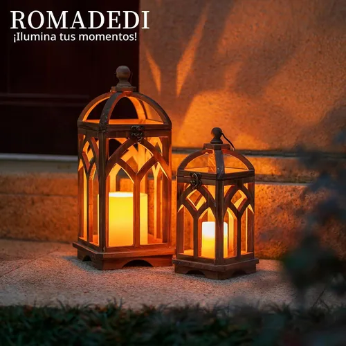 Vista 6 de Romadedi Farol de vela de madera de granja, juego de 2 candelabros decorativos de madera rústica, decoración del hogar, mesa de boda, centro