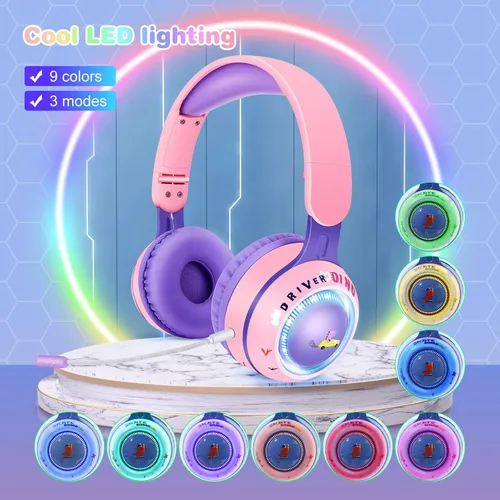 Vista 2 de QearFun Auriculares Bluetooth plegables para niños pequeños, 9 luces LED coloridas inalámbricas de dinosaurio con micrófono y conector de 0.138 in