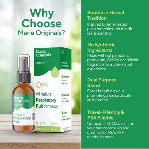 Vista 4 de Marie Originals Rub respiratorio natural para el pecho del bebé Mezcla de aceites esenciales para bebés y niños pequeños con eucalipto, menta