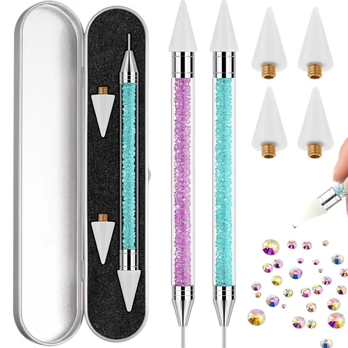 Vista 7 de 2 piezas de lápiz de cera con punta de diamante de imitación y pluma de punteado, selector de gemas de diamante de imitación de doble punta, lápiz