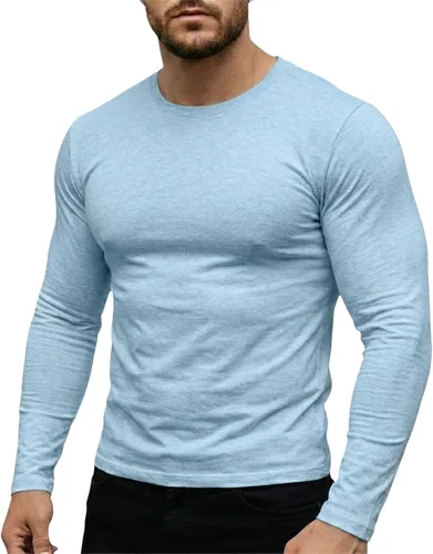Vista 7 de Camiseta muscular para hombre, cuello redondo, manga larga, suave, elástica, básica, casual