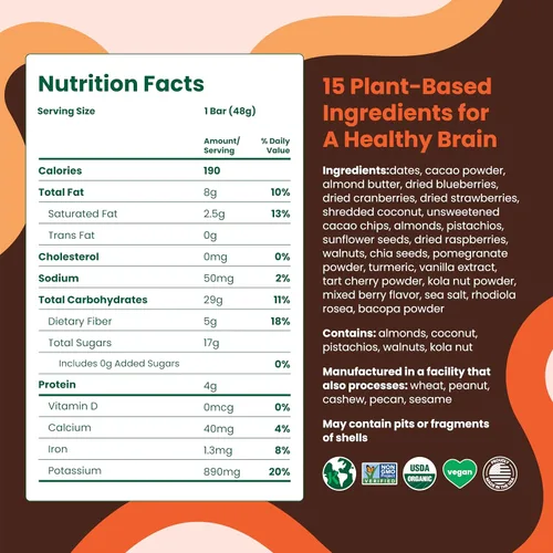 Vista 2 de iMind Brain Food Bars - Barras orgánicas veganas de frutas saludables para adultos y niños con bacopa, luteína, Omega 3-6, colina, barra energética