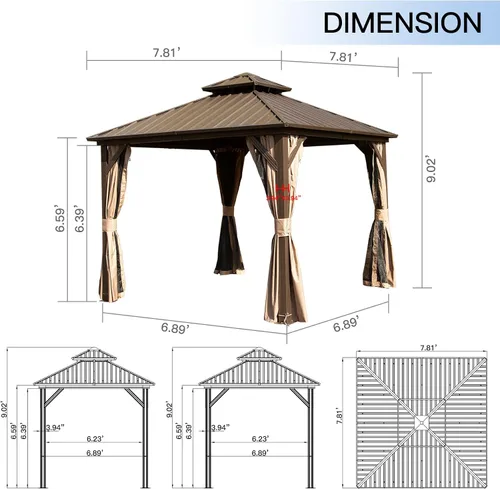 Vista 8 de Domi - Cenador de techo rígido de 8 x 8 pies con malla y cortinas, cenador para exteriores con techo doble de acero galvanizado para patio, césped