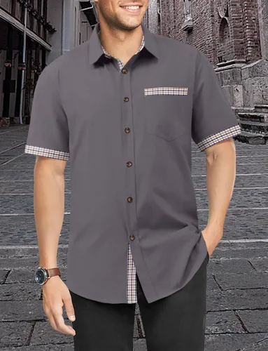 Vista 4 de Camisa casual de manga corta con botones para hombre, camisas de vestir de algodón ligero
