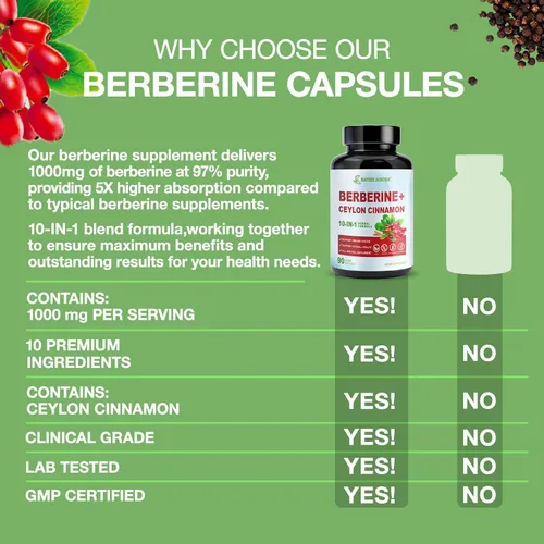 Vista 6 de Suplemento de berberina con canela de Ceilán y picolinato de cromo, 10 en 1 berberina 1000 mg por porción, berberina 5X para metabolismo, corazón e