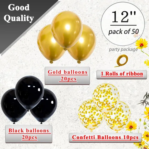 Vista 2 de Paquete de 50 globos de látex metálicos negros y dorados de 12 pulgadas con 1 rollo de cinta para decoración de cumpleaños, graduación, celebración