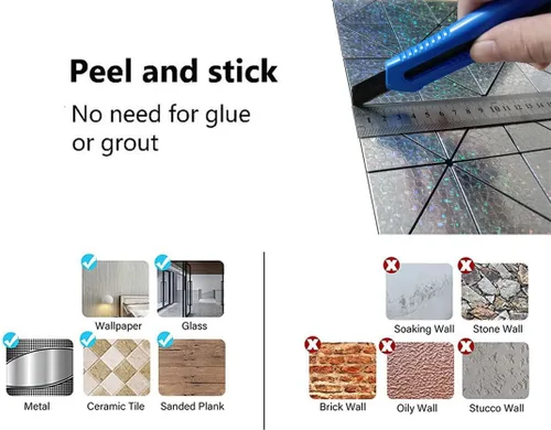 Vista 6 de XUANINY Azulejos contra salpicaduras para despegar y pegar, con superficie de aluminio triangular arcoíris, calcomanía de mosaico de metal