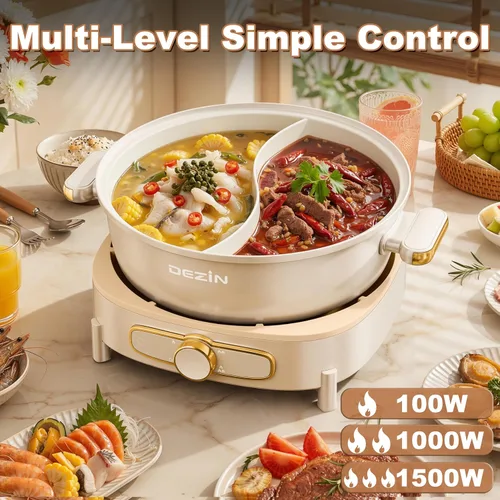 Vista 7 de Dezin Olla eléctrica con divisor, olla Shabu Shabu Shabu de doble sabor de 6 L, olla eléctrica antiadherente extraíble de doble cara, olla china
