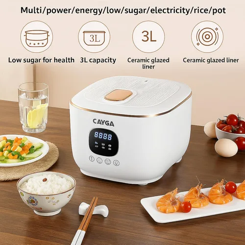 Vista 2 de Arrocera eléctrica baja en azúcar 3L - Olla arrocera inteligente reductora de carbohidratos con cesta de vapor, olla interior de cerámica y filtro