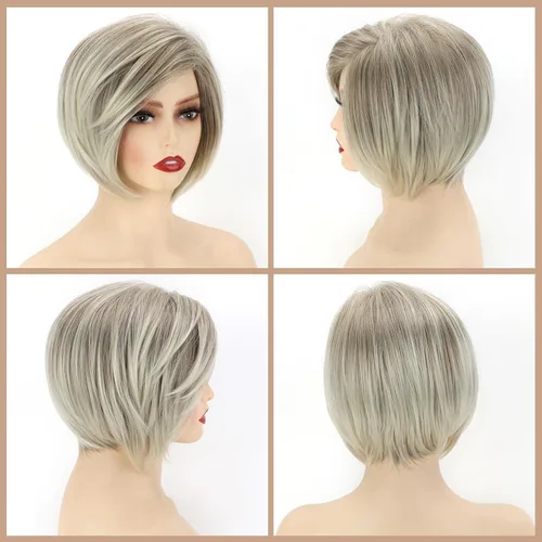 Vista 3 de TISHINING Pelucas rubias cortas en capas para mujeres blancas, longitud de la barbilla, color rubio ceniza, parte lateral, peluca Pixie Bob, cabello