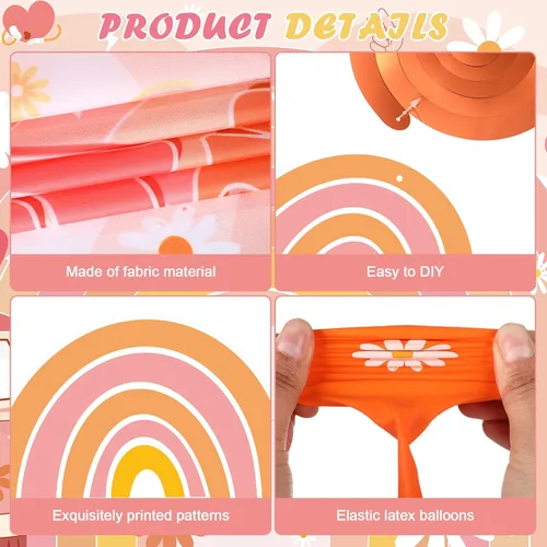 Vista 4 de Decoraciones de cumpleaños geniales para niñas y niños, retro hippie margarita, pancarta de feliz cumpleaños, telón de fondo de panal de abeja