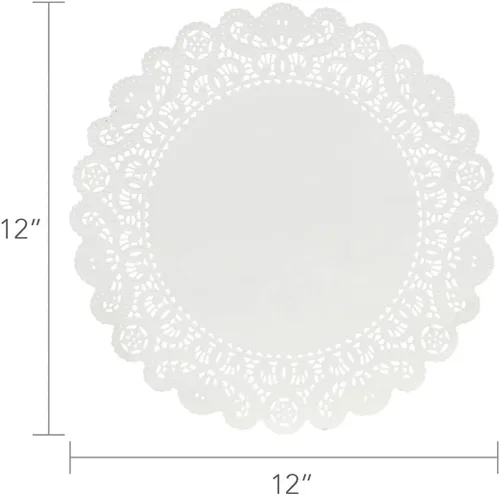 Vista 2 de Hygloss Doilies redondos de papel, 36 piezas, 12 pulgadas, tapabocas decorativos de encaje blanco, desechables y seguros de grado alimenticio