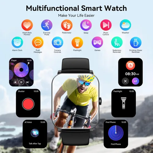 Vista 6 de Reloj inteligente, reloj inteligente de 1.85 pulgadas para hombres y mujeres (respuesta/hacer llamadas), frecuencia cardíaca, monitor de sueño