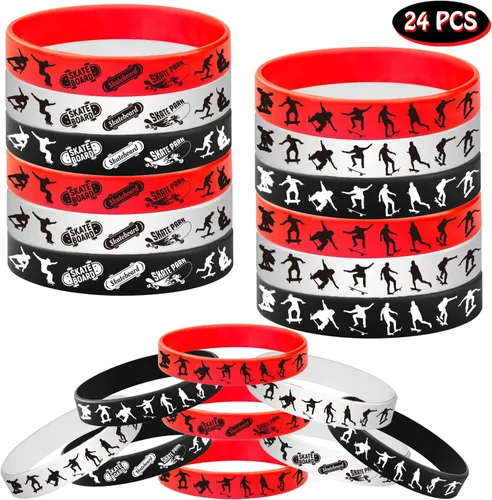 Vista 2 de 24 pulseras de goma para monopatín, pulseras de Slicone, suministros de fiesta deportiva, patineta, deportes extremos, cumpleaños, baby shower