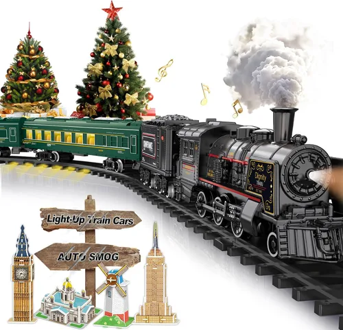 Vista 9 de Juego de tren para niños con control remoto, juguetes de tren con locomotora de vapor, tanque de combustible y pistas de lujo, trenes eléctricos