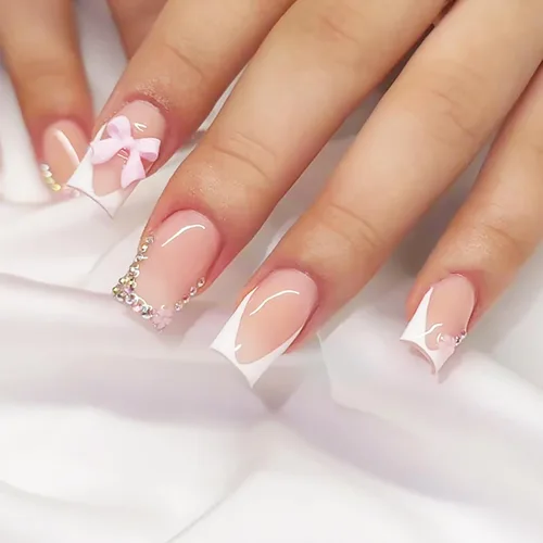 Vista 9 de Lindas uñas a presión de tamaño mediano - Uñas falsas cuadradas con punta francesa, uñas acrílicas rojas de cobertura completa brillantes