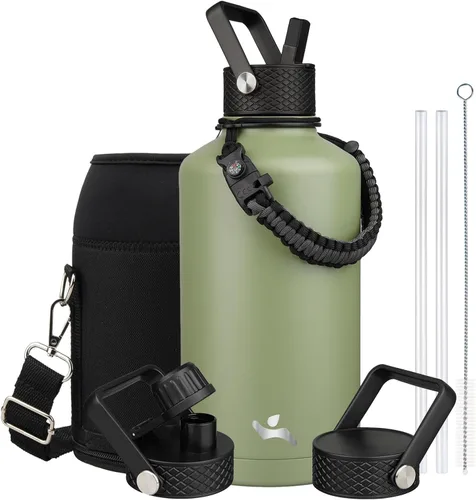 Vista 65 de Konokyo - Botella de agua aislada de 18 onzas, botellas deportivas de acero inoxidable con 3 tapas, verde militar