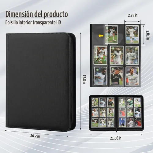 Vista 2 de Carpeta de 9 bolsillos para tarjetas intercambiables, capacidad 540 con cierre de cremallera, protector de tarjetas de piel sintética de doble cara