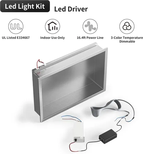 Vista 7 de Acero inoxidable Led Ducha Nicho 18"x12" Cepillado 3-Color LED