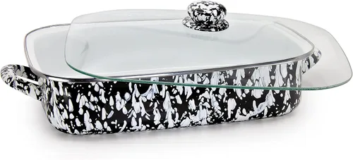 Vista 2 de Golden Rabbit Enamelware - Sartén para asar con tapa, 10.5 cuartos de galón, Black Swirl