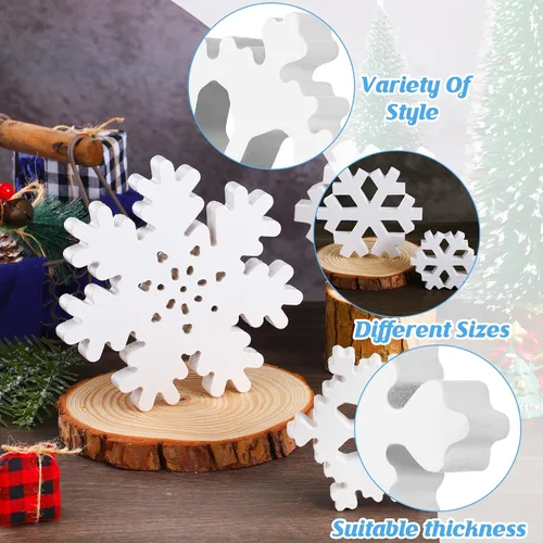 Vista 4 de Kajaia 9 piezas de decoración de mesa de copo de nieve de madera de invierno blanco 3D copo de nieve centros de mesa de invierno letrero de pie