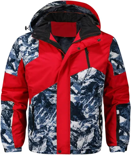Vista 7 de FTIMILD Chaqueta de esquí impermeable para hombre de invierno, forro polar de alta visibilidad con capucha acolchada y diseño de patchwork