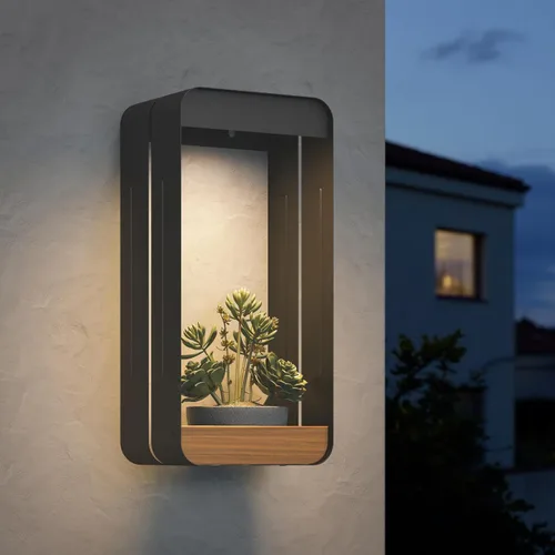 Vista 8 de Grand patio Aplique de pared solar al aire libre con estante y jardinera, lámpara de pared impermeable con LED para decorar con veta de madera