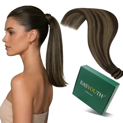 Vista 10 de Easyouth Extensión de cabello humano rubio con cola de caballo, extensiones de cabello humano rubio dorado con reflejos rubios, extensiones