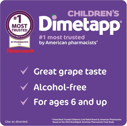Vista 5 de Medicina para resfriado y tos de Dimetapp para niños, antihistamínico, nariz mocosa, estornudos, ojos picazón, aguados, sabor uva, sin alcohol