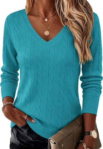 Vista 19 de Ekouaer Suéter de punto trenzado con cuello en V para mujer, manga larga Negro